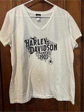 Harley-Davidson White V-Neck Tee with Black Logo Tag